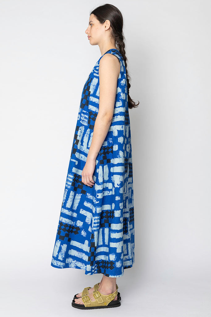 Batik Block Print Poplin Dress - Azurite Blue