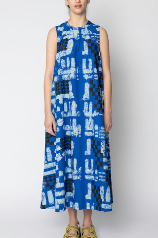 Batik Block Print Poplin Dress - Azurite Blue