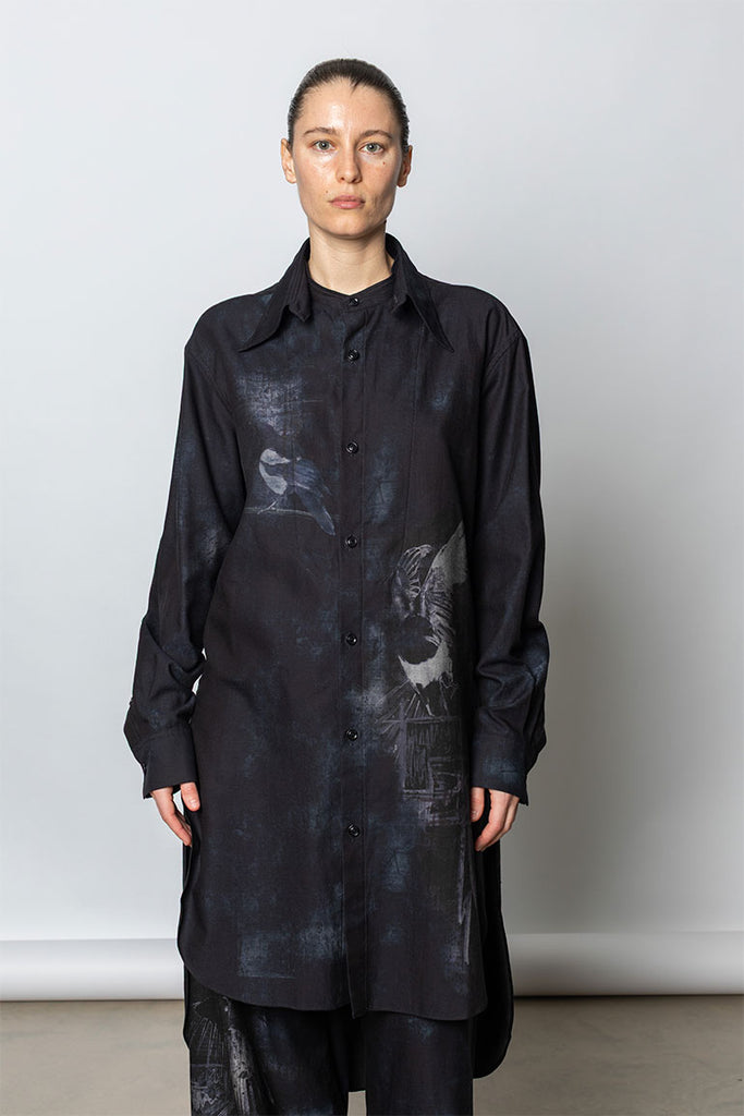 Bird Print Double Front Shirt - Denim