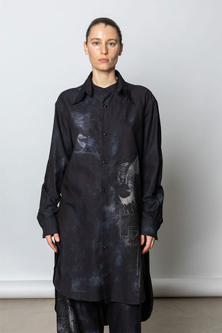 Bird Print Double Front Shirt - Denim