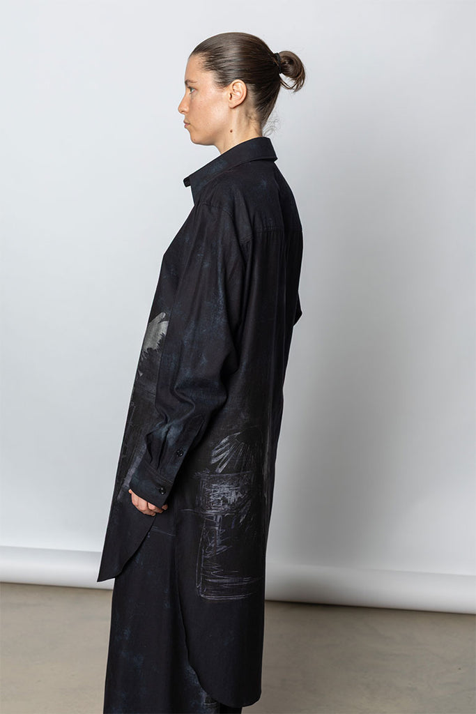 Bird Print Double Front Shirt - Denim