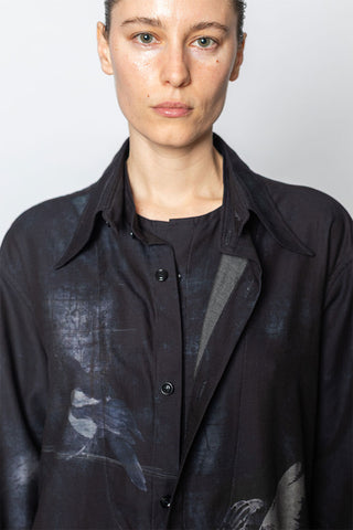 Bird Print Double Front Shirt - Denim