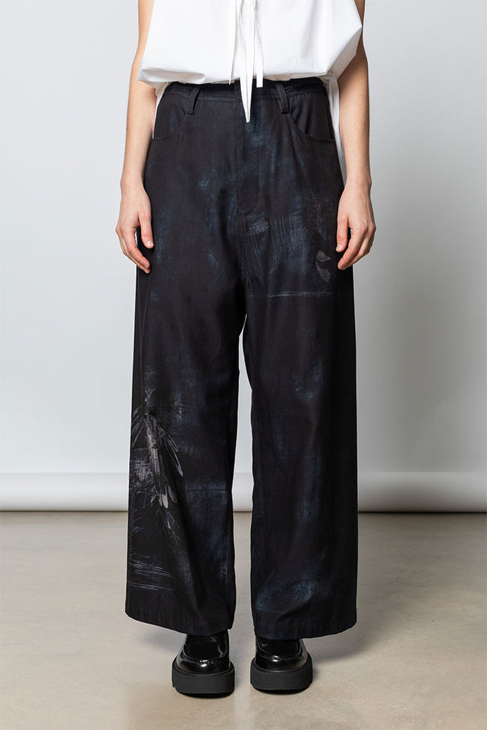 Bird Print Long Straight Pants - Denim
