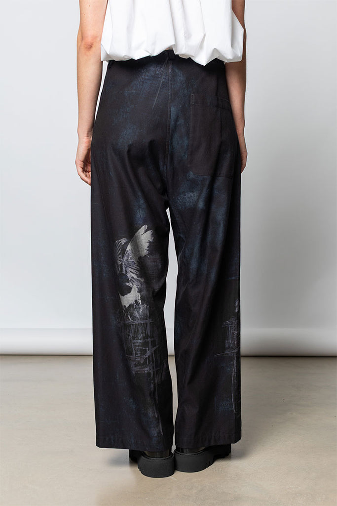 Bird Print Long Straight Pants - Denim