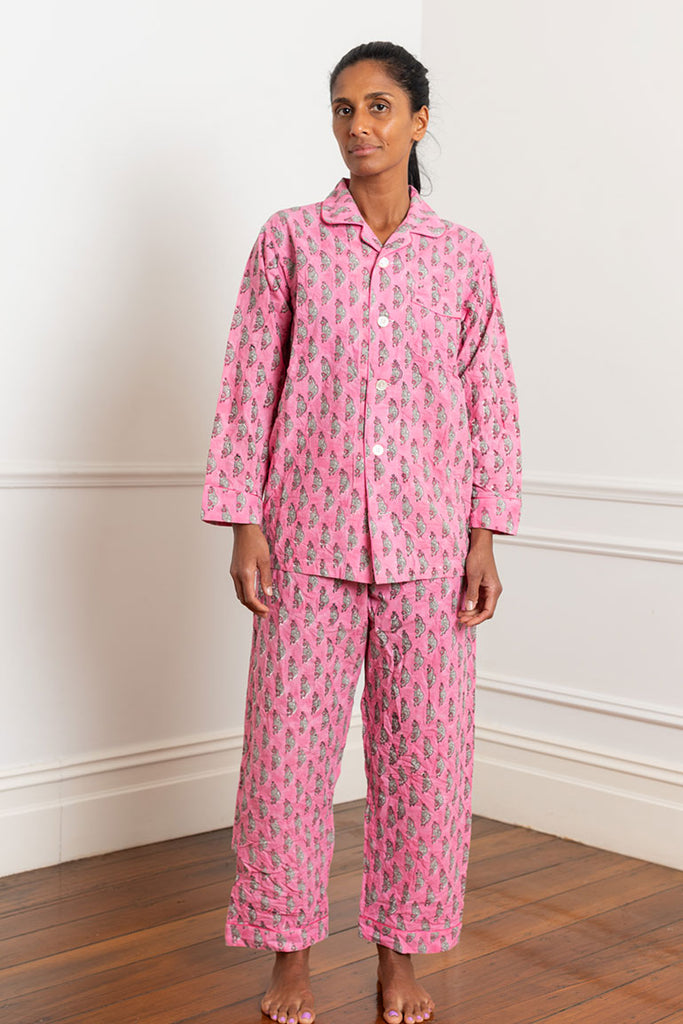 Block Printed Cotton Pyjamas - Pink/Grey