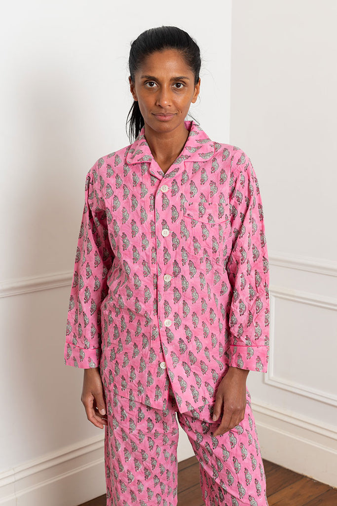 Block Printed Cotton Pyjamas - Pink/Grey