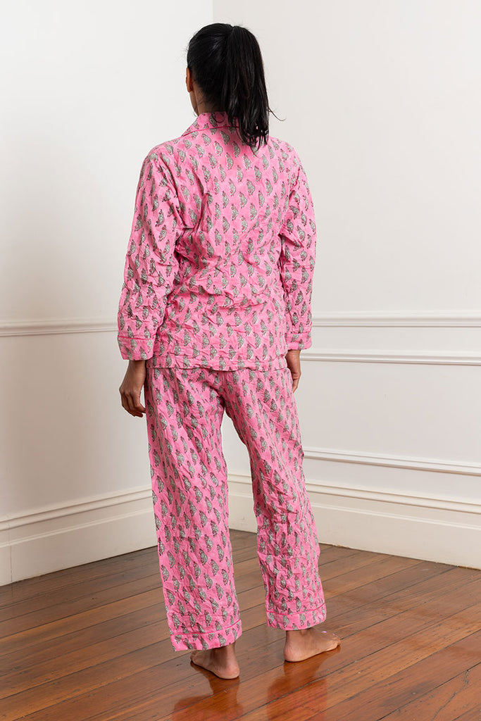 Block Printed Cotton Pyjamas - Pink/Grey