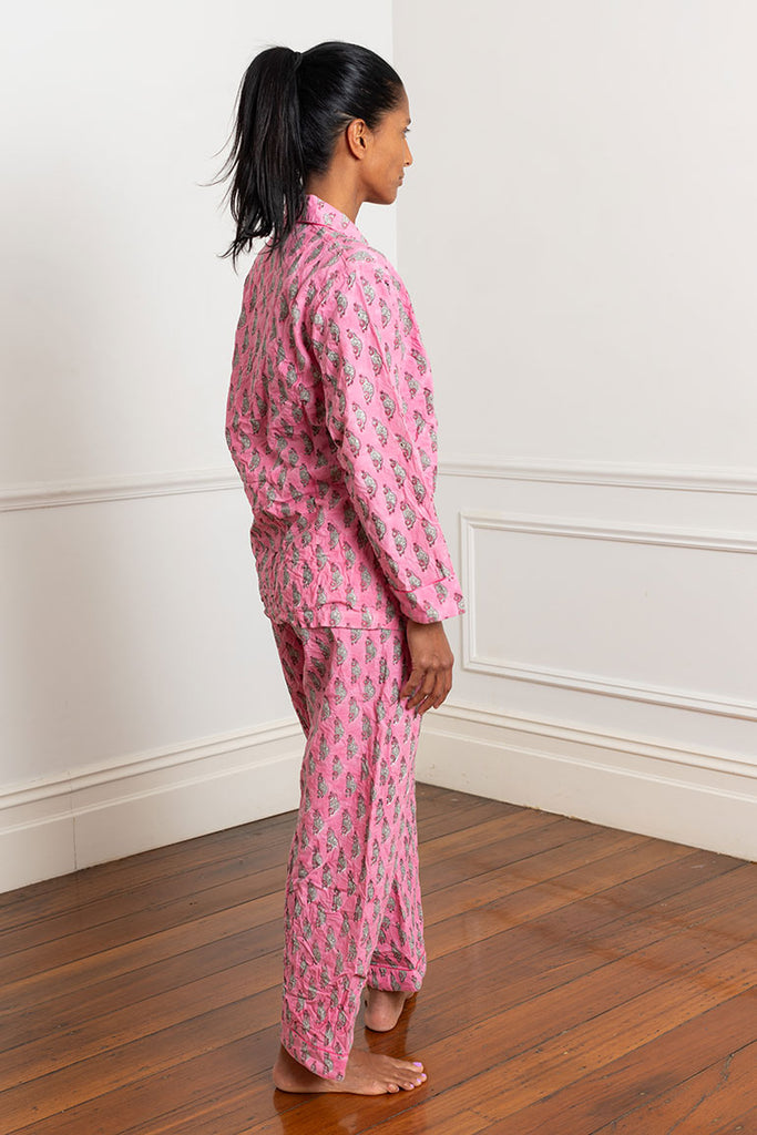 Block Printed Cotton Pyjamas - Pink/Grey