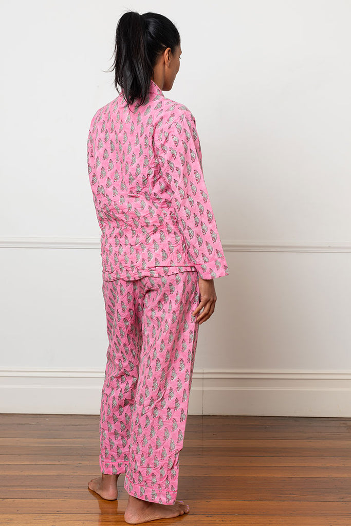 Block Printed Cotton Pyjamas - Pink/Grey