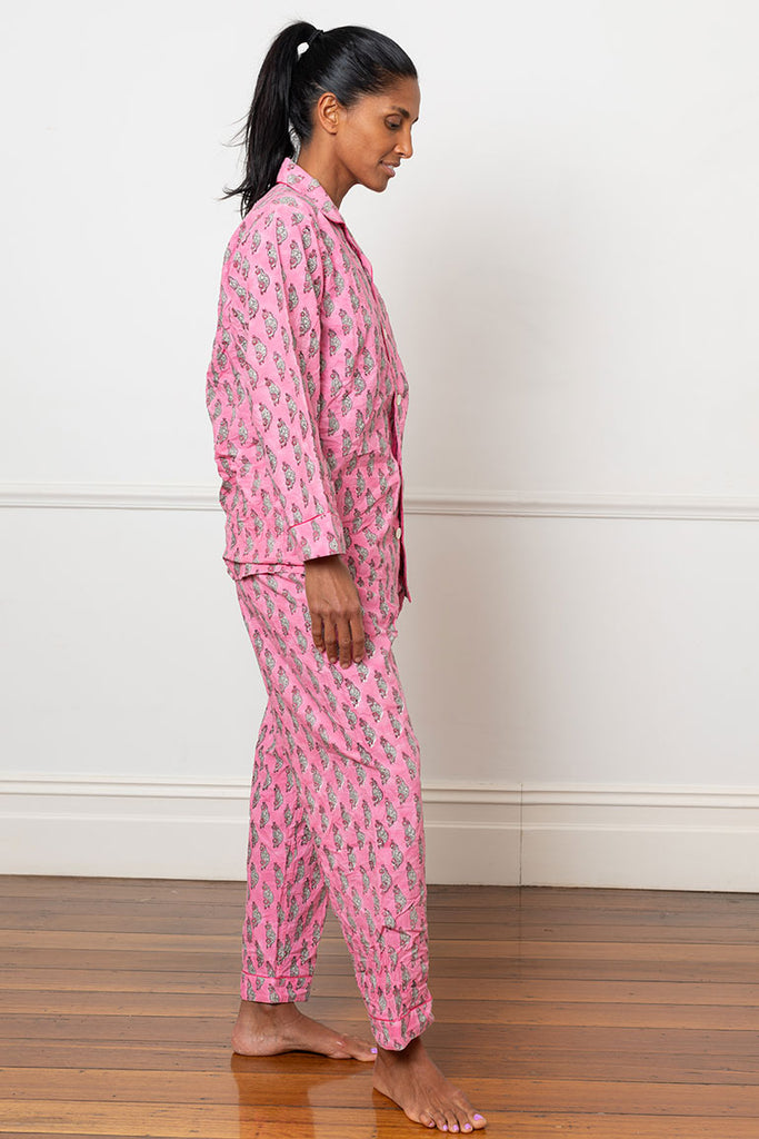 Block Printed Cotton Pyjamas - Pink/Grey