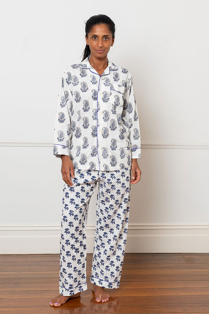 Block Printed Cotton Pyjamas - White/Blue