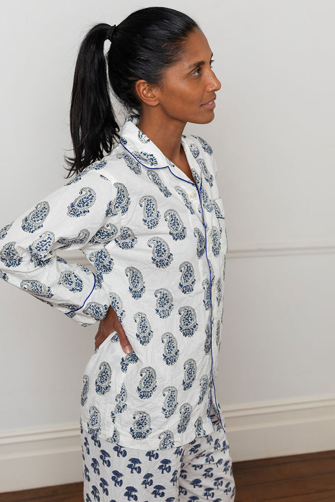 Block Printed Cotton Pyjamas - White/Blue