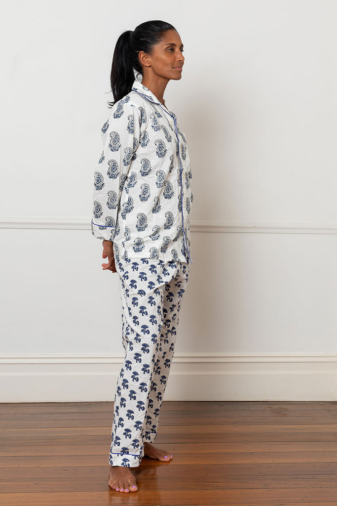 Block Printed Cotton Pyjamas - White/Blue