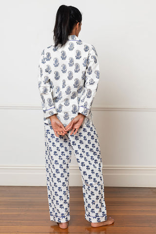 Block Printed Cotton Pyjamas - White/Blue