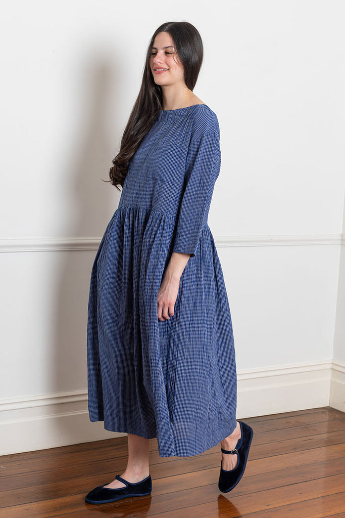 Boat Neck Check Crinkled Cotton Dress - Cobalt