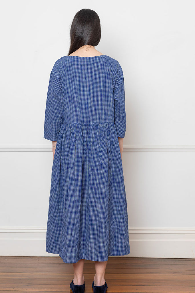 Boat Neck Check Crinkled Cotton Dress - Cobalt