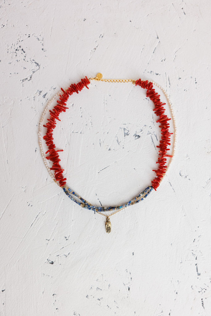 Brass Hand Charm Necklace - Red