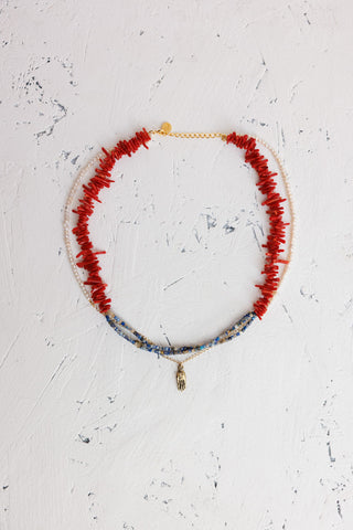 Brass Hand Charm Necklace - Red