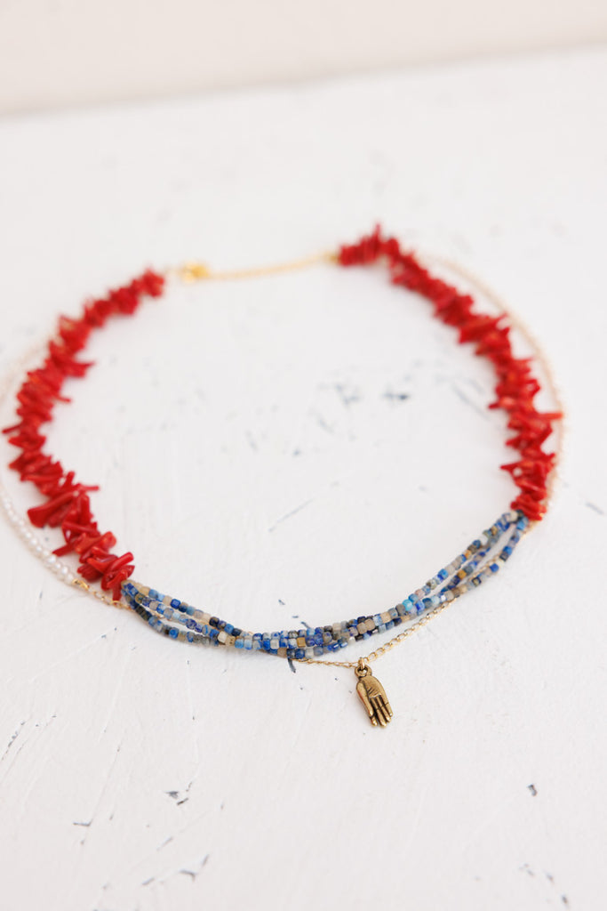 Brass Hand Charm Necklace - Red