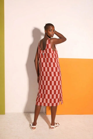 Printed Linen Slip - Brick Check