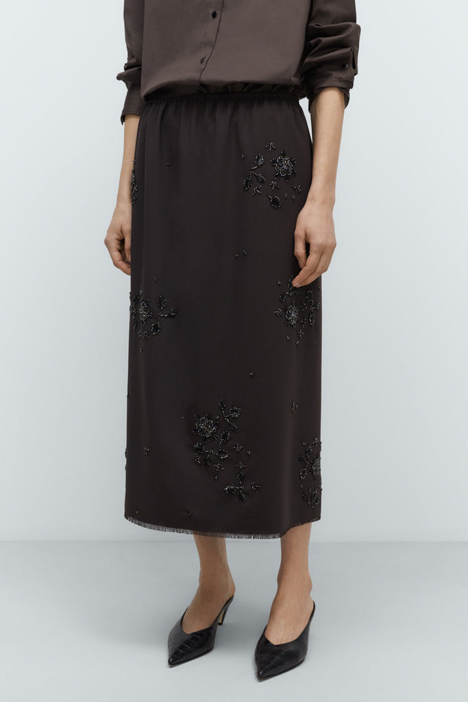 Embellished Tailoring Skirt - Dark Brown