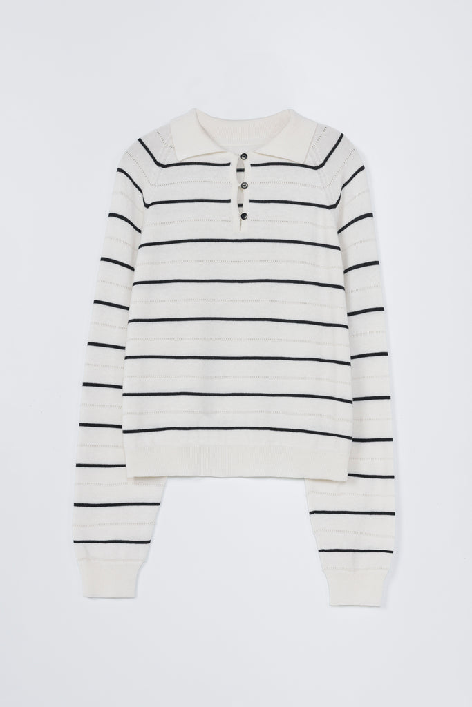 Merino Wool Striped  Polo - White