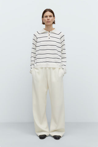 Merino Wool Striped  Polo - White