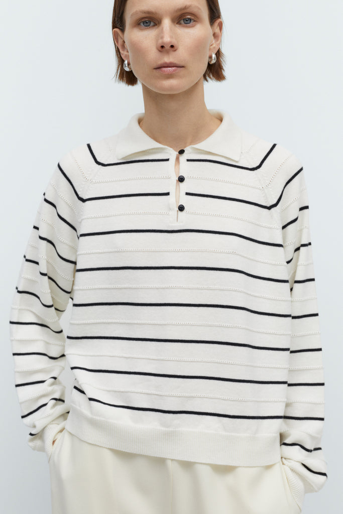 Merino Wool Striped  Polo - White