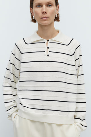 Merino Wool Striped  Polo - White