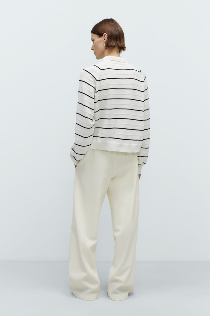 Merino Wool Striped  Polo - White