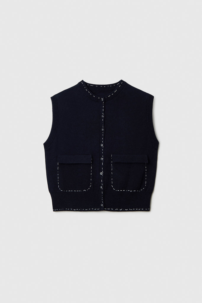 Merino Wool Stitched Waistcoat - Navy