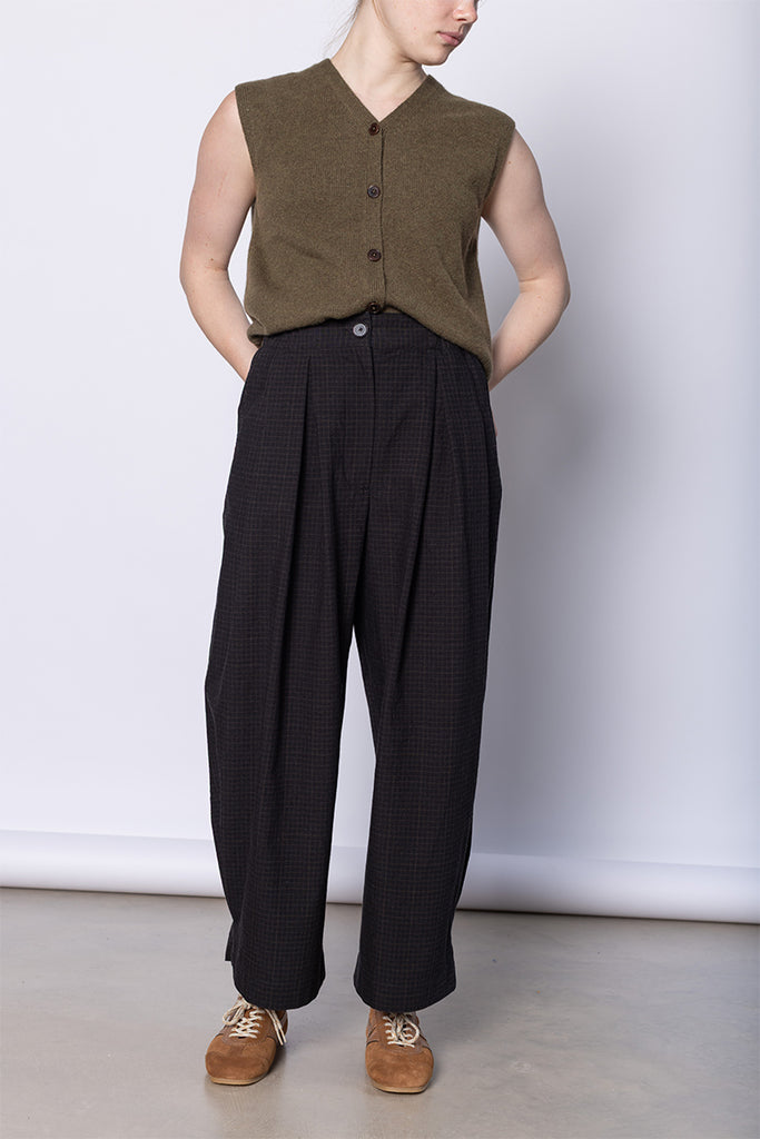 Check Cotton Wool Wide Leg Trousers - Slate