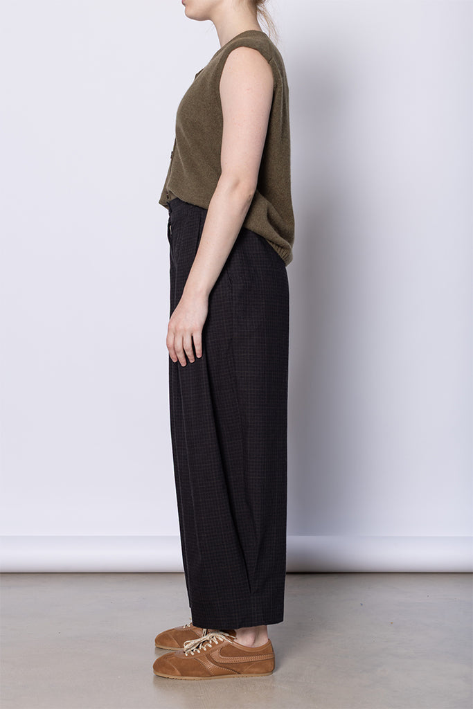 Check Cotton Wool Wide Leg Trousers - Slate