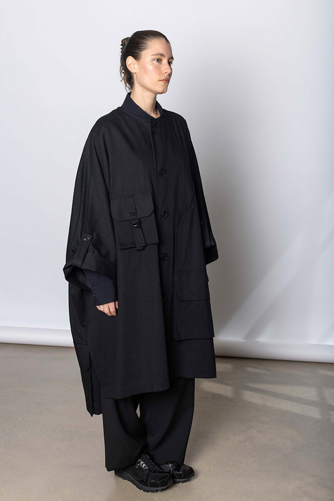 Collarless Dolman Denim Cape - Black