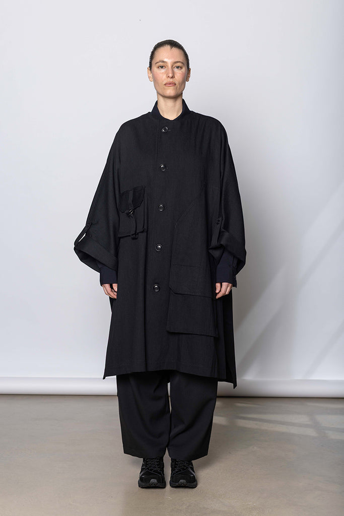 Collarless Dolman Denim Cape - Black