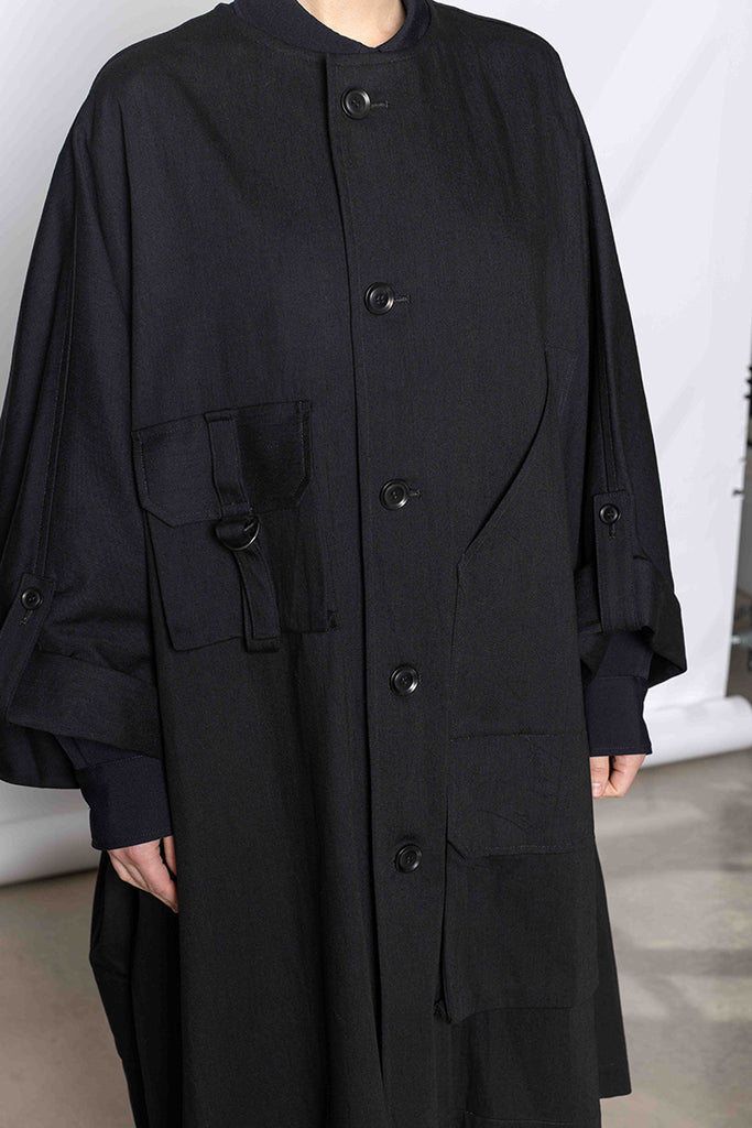 Collarless Dolman Denim Cape - Black