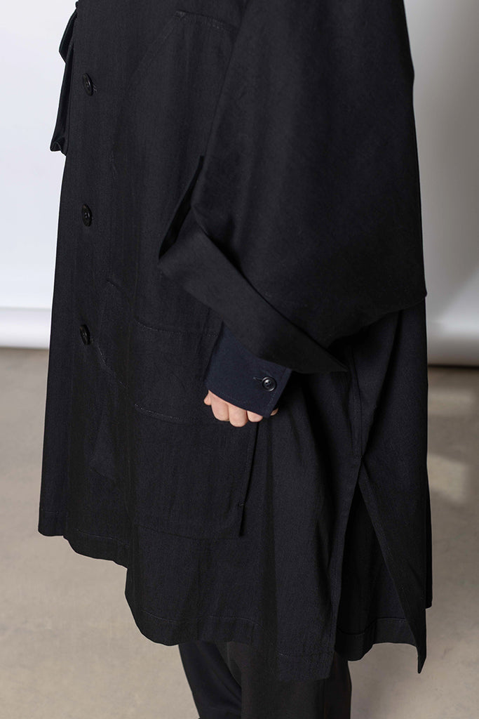 Collarless Dolman Denim Cape - Black