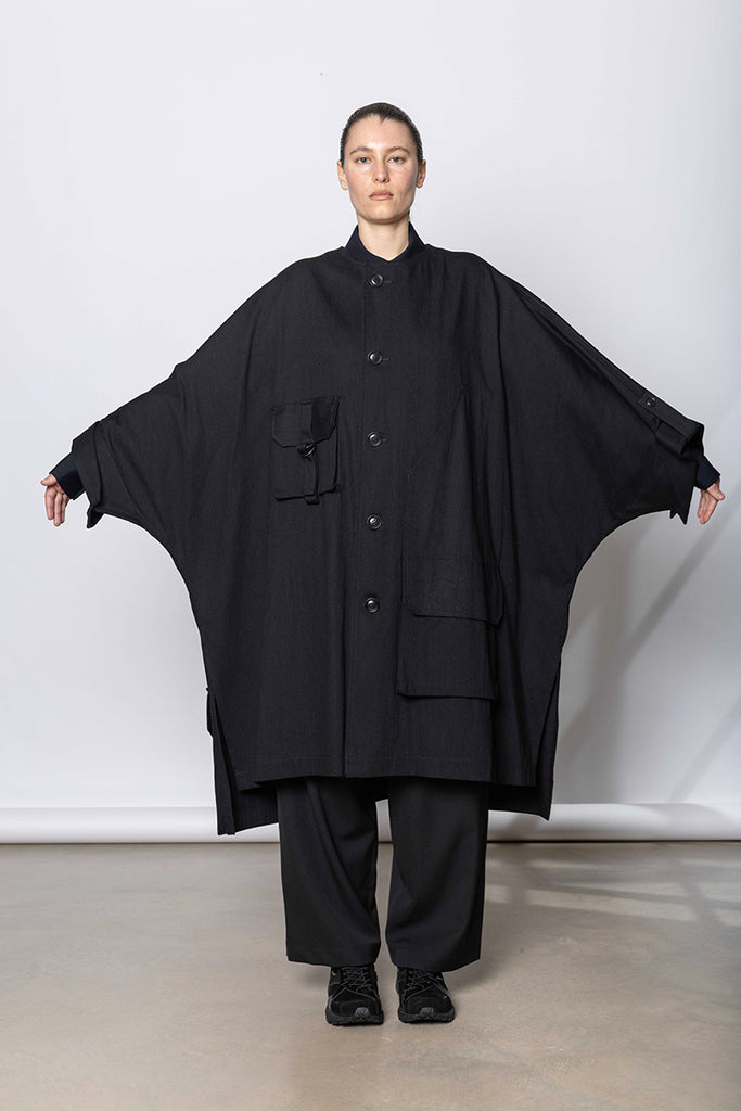 Collarless Dolman Denim Cape - Black