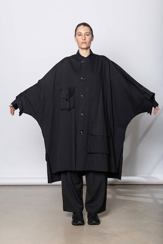 Collarless Dolman Denim Cape - Black