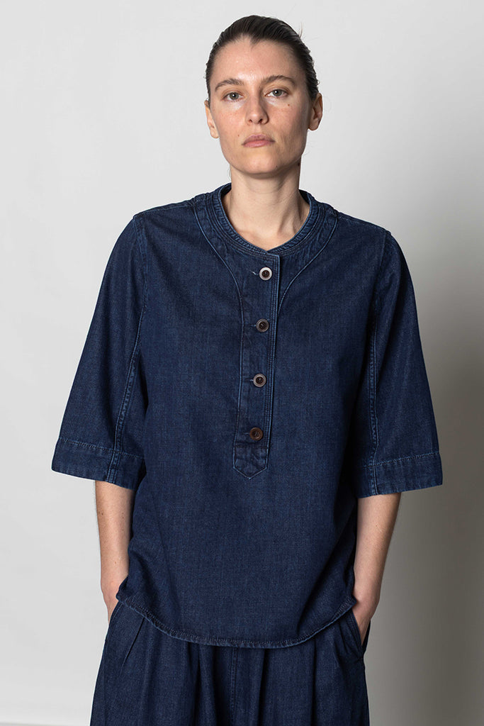 Cotton Denim Placket Detail Top - Indigo