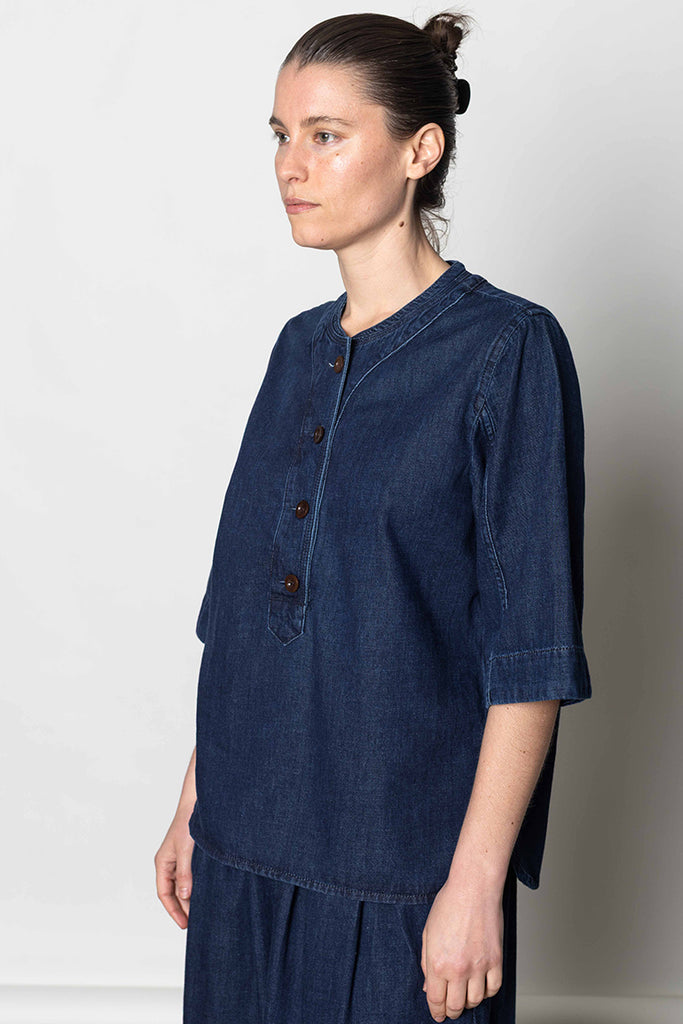 Cotton Denim Placket Detail Top - Indigo