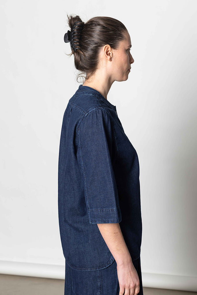 Cotton Denim Placket Detail Top - Indigo