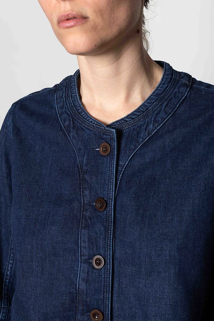 Cotton Denim Placket Detail Top - Indigo