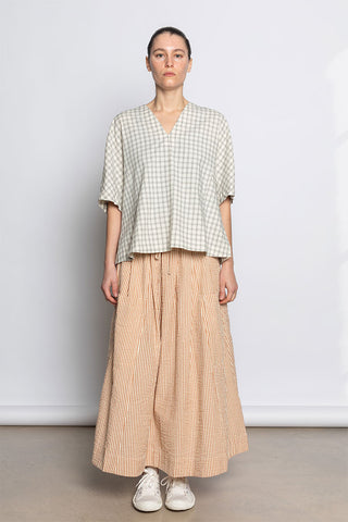 Cotton Window Pane Check V Neck Top - Ecru/Slate