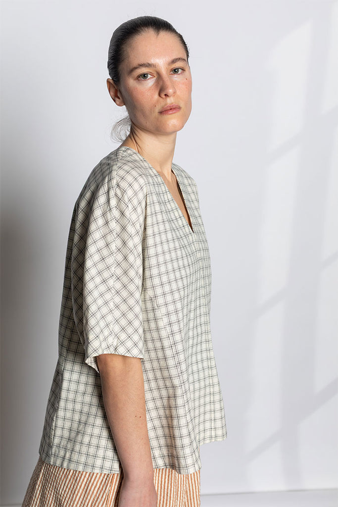 Cotton Window Pane Check V Neck Top - Ecru/Slate