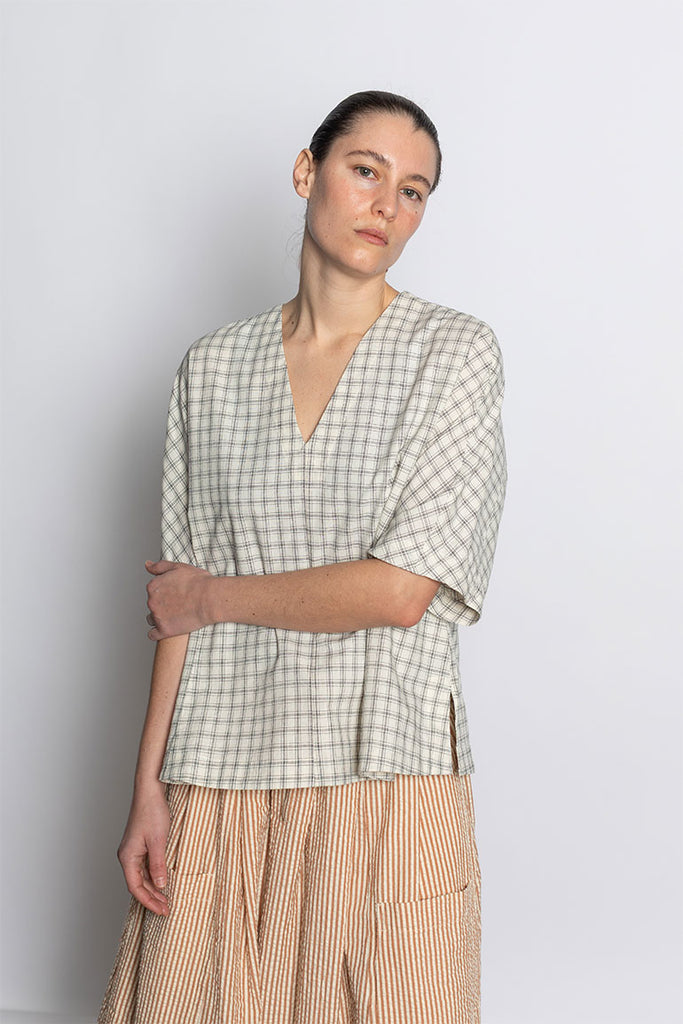 Cotton Window Pane Check V Neck Top - Ecru/Slate