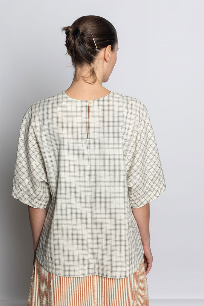 Cotton Window Pane Check V Neck Top - Ecru/Slate