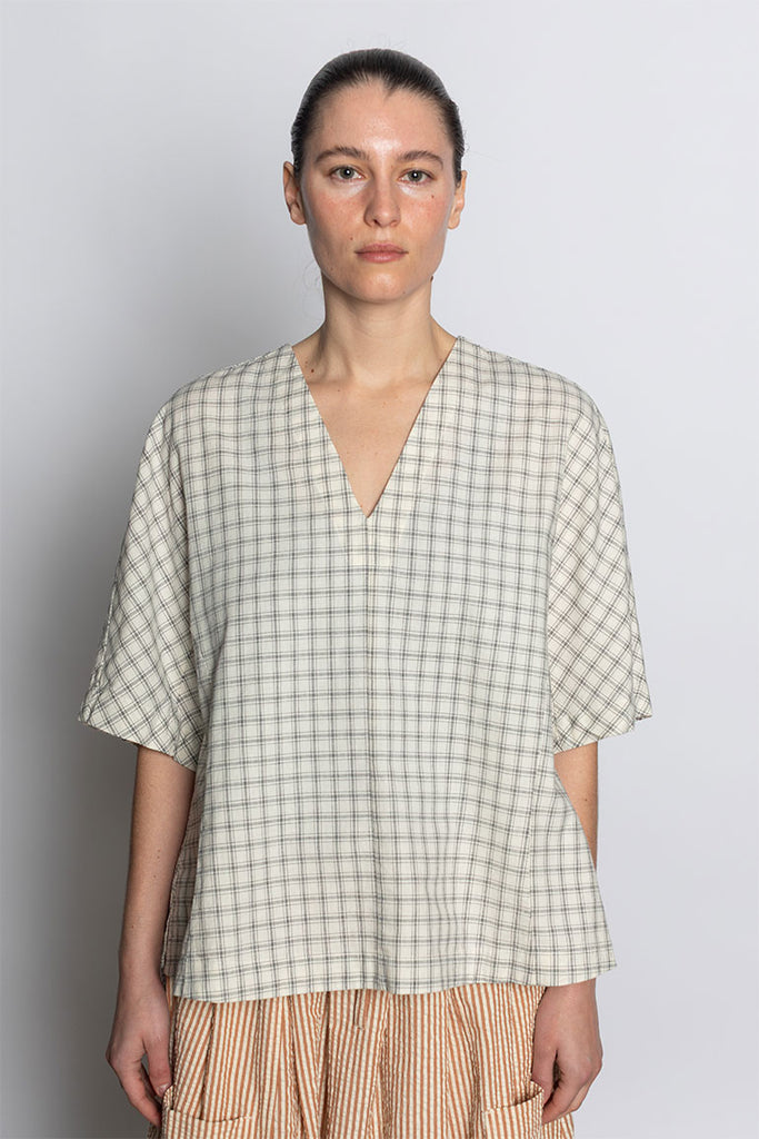 Cotton Window Pane Check V Neck Top - Ecru/Slate