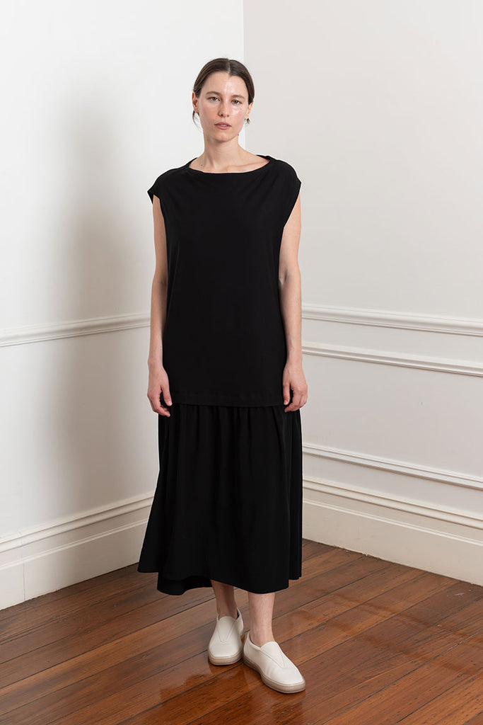 Crepe Dropped Waist Dress - Black