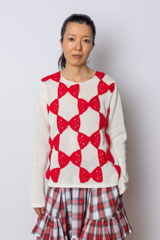 Crochet Bow Sweater - Cream/Red
